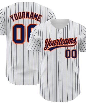 Custom White Navy Pinstripe Navy-Orange Baseball Jersey, Gift For Baseball Fans