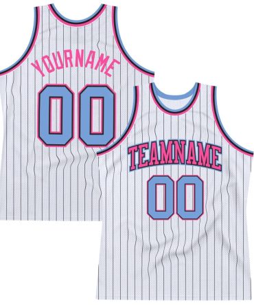 Custom White Black Pinstripe Light Blue-Pink Basketball Jersey, Gift For Basketball Fans