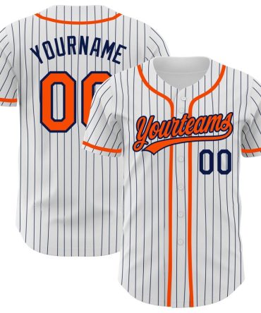 Custom White Navy Pinstripe Orange Baseball Jersey, Gift For Baseball Fans