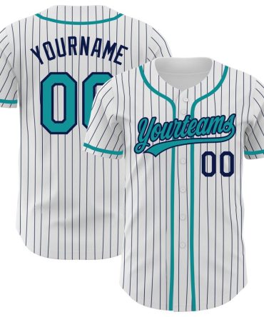 Custom White Navy Pinstripe Teal Baseball Jersey, Gift For Baseball Fans