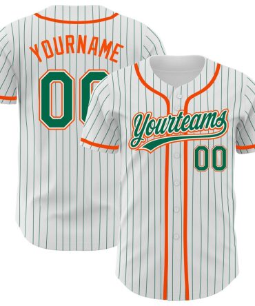 Custom White Kelly Green Pinstripe Kelly Green-Orange Baseball Jersey, Gift For Baseball Fans