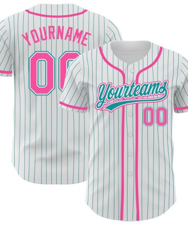 Custom White Teal Pinstripe Pink Baseball Jersey, Gift For Baseball Fans