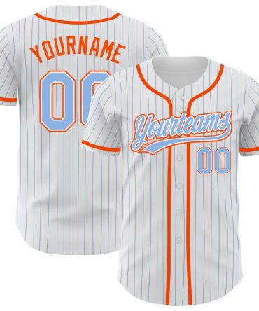 Custom White Light Blue Pinstripe Light Blue-Orange Baseball Jersey, Gift For Baseball Fans