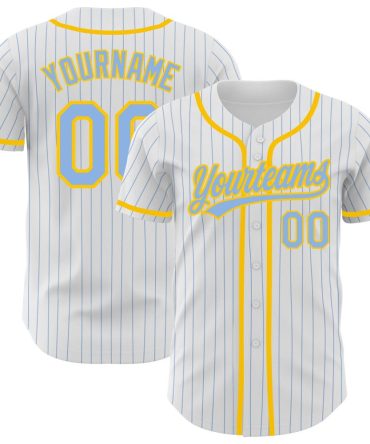 Custom White Light Blue Pinstripe Light Blue-Yellow Baseball Jersey, Gift For Baseball Fans