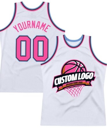 Custom White Pink Black-Light Blue Throwback Basketball Jersey, Gift For Basketball Fans