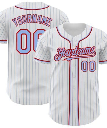 Custom White Light Blue Pinstripe Red Baseball Jersey, Gift For Baseball Fans