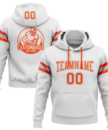 Custom White Orange-Gray Football Pullover Sweatshirt Hoodie, Gift For Football, Baseball, Hockey, Basketball, Softball & Rugby Fans