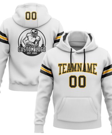 Custom White Black-Gold Football Pullover Sweatshirt Hoodie, Gift For Football, Baseball, Hockey, Basketball, Softball & Rugby Fans