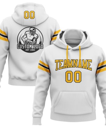 Custom White Gold-Black Football Pullover Sweatshirt Hoodie, Gift For Football, Baseball, Hockey, Basketball, Softball & Rugby Fans