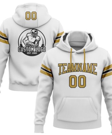Custom White Old Gold-Black Football Pullover Sweatshirt Hoodie, Gift For Football, Baseball, Hockey, Basketball, Softball & Rugby Fans