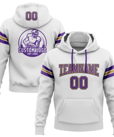 Custom White Purple Old Gold-Black Football Pullover Sweatshirt Hoodie, Gift For Football, Baseball, Hockey, Basketball, Softball & Rugby Fans