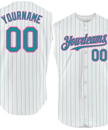 Custom White Teal Pinstripe Pink Sleeveless Baseball Jersey, Gift For Baseball Fans