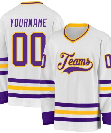 Custom White Purple-Gold Hockey Jersey, Gift For Hockey Fans