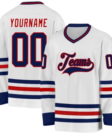 Custom White Navy-Red Hockey Jersey, Gift For Hockey Fans