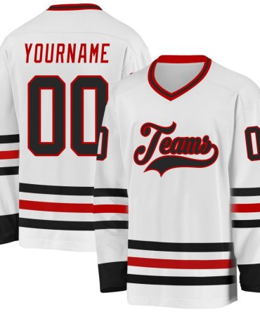 Custom White Black-Red Hockey Jersey, Gift For Hockey Fans