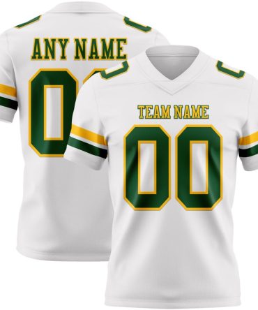 Custom White Green-Gold Authentic Football Jersey, Gift For Football Fans