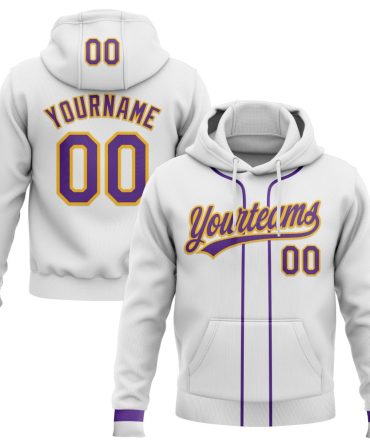 Custom White Purple-Gold Baseball Pullover Sweatshirt Hoodie, Gift For Football, Baseball, Hockey, Basketball, Softball & Rugby Fans