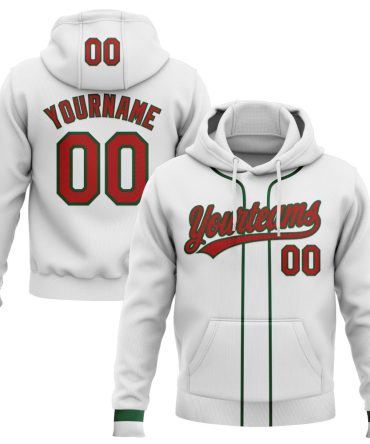 Custom White Red-Green Baseball Pullover Sweatshirt Hoodie, Gift For Football, Baseball, Hockey, Basketball, Softball & Rugby Fans