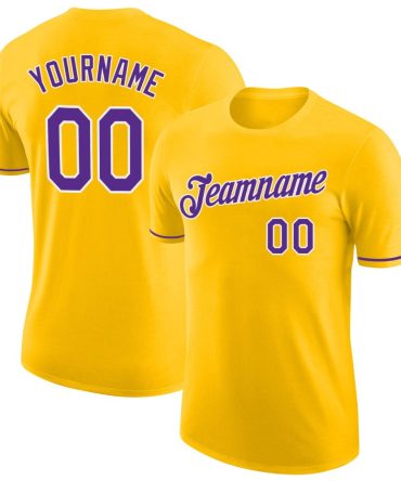 Custom Yellow Purple-White Performance T-Shirt, For Football, Baseball, Hockey, Basketball, Softball & Rugby Fans