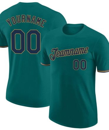 Custom Aqua Navy-Old Gold Performance T-Shirt, For Football, Baseball, Hockey, Basketball, Softball & Rugby Fans