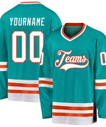 Custom Aqua White-Orange Hockey Jersey, Gift For Hockey Fans