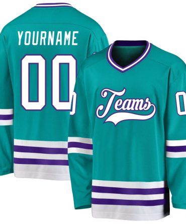 Custom Aqua White-Purple Hockey Jersey, Gift For Hockey Fans