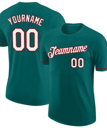 Custom Aqua White-Red Performance T-Shirt, For Football, Baseball, Hockey, Basketball, Softball & Rugby Fans