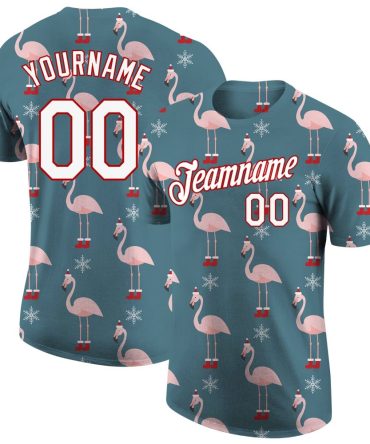Custom Aqua White-Red Christmas 3D Performance T-Shirt, For Football, Baseball, Hockey, Basketball, Softball & Rugby Fans