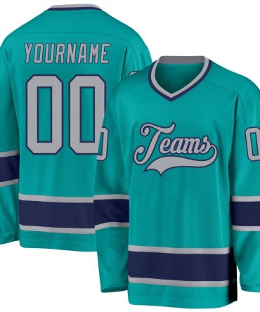 Custom Aqua Gray-Navy Hockey Jersey, Gift For Hockey Fans