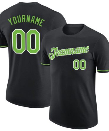 Custom Black Neon Green-White Performance T-Shirt, For Football, Baseball, Hockey, Basketball, Softball & Rugby Fans