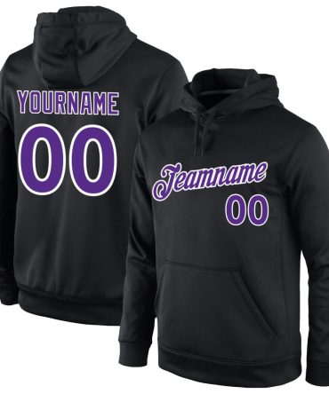 Custom Black Purple-White Sports Pullover Sweatshirt Hoodie, Gift For Football, Baseball, Hockey, Basketball, Softball & Rugby Fans