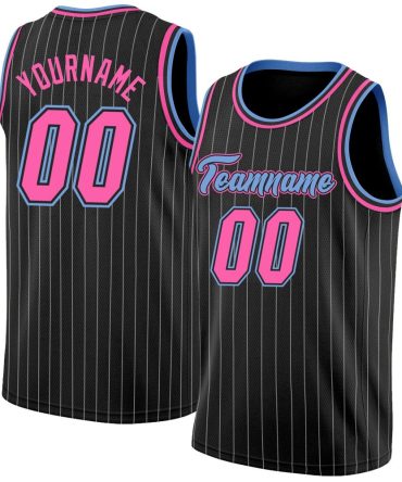Custom Black White Pinstripe Pink-Light Blue Basketball Jersey, Gift For Basketball Fans