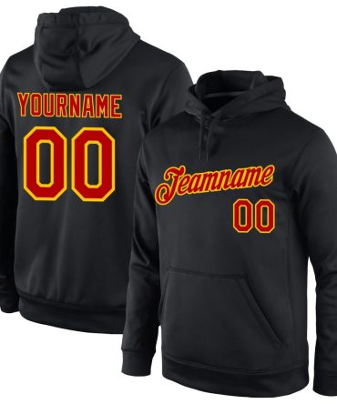 Custom Black Red-Gold Sports Pullover Sweatshirt Hoodie, Gift For Football, Baseball, Hockey, Basketball, Softball & Rugby Fans