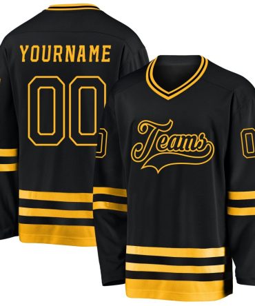 Custom Black Black-Gold Hockey Jersey, Gift For Hockey Fans
