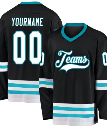 Custom Black White-Teal Hockey Jersey, Gift For Hockey Fans
