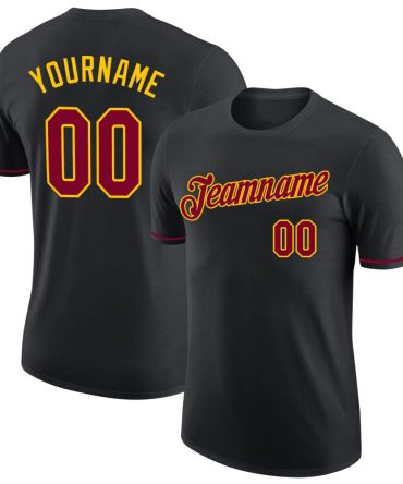 Custom Black Maroon-Gold Performance T-Shirt, For Football, Baseball, Hockey, Basketball, Softball & Rugby Fans