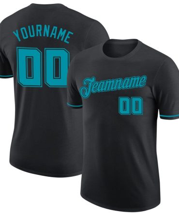 Custom Black Teal-Black Performance T-Shirt, For Football, Baseball, Hockey, Basketball, Softball & Rugby Fans