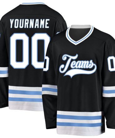 Custom Black White-Light Blue Hockey Jersey, Gift For Hockey Fans