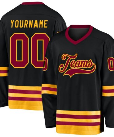 Custom Black Maroon-Gold Hockey Jersey, Gift For Hockey Fans