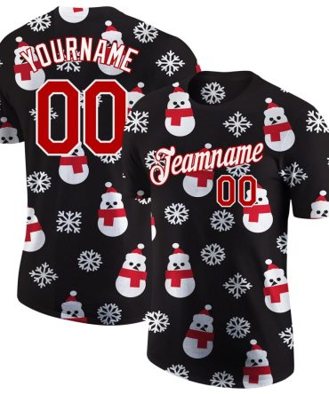 Custom Black Red-White Christmas 3D Performance T-Shirt, For Football, Baseball, Hockey, Basketball, Softball & Rugby Fans