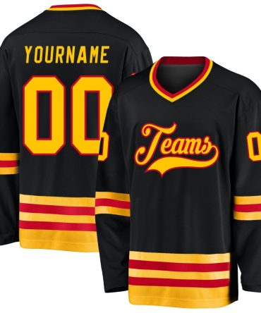 Custom Black Gold-Red Hockey Jersey, Gift For Hockey Fans
