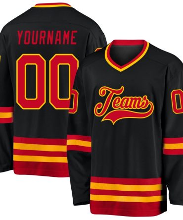 Custom Black Red-Gold Hockey Jersey, Gift For Hockey Fans
