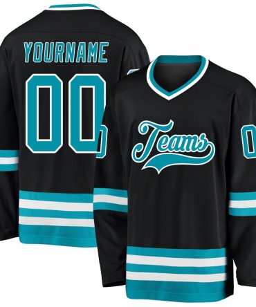 Custom Black Teal-White Hockey Jersey, Gift For Hockey Fans