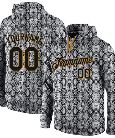 Custom Black Black-Old Gold 3D Pattern Design Snakeskin Sports Pullover Sweatshirt Hoodie, Gift For Football, Baseball, Hockey, Basketball, Softball & Rugby Fans