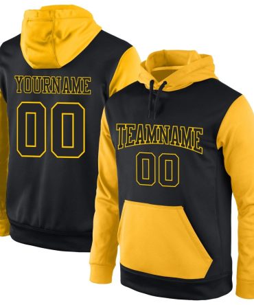 Custom Black Black-Gold Sports Pullover Sweatshirt Hoodie, Gift For Football, Baseball, Hockey, Basketball, Softball & Rugby Fans