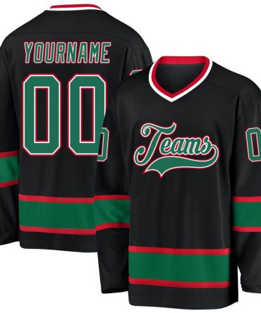 Custom Black Kelly Green-Red Hockey Jersey, Gift For Hockey Fans