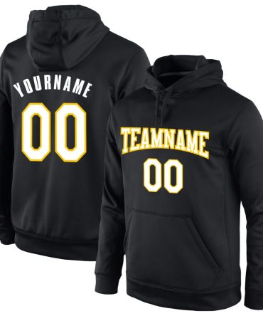 Custom Black White-Gold Sports Pullover Sweatshirt Hoodie, Gift For Football, Baseball, Hockey, Basketball, Softball & Rugby Fans