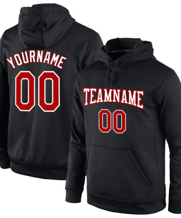 Custom Black Red-White Sports Pullover Sweatshirt Hoodie, Gift For Football, Baseball, Hockey, Basketball, Softball & Rugby Fans