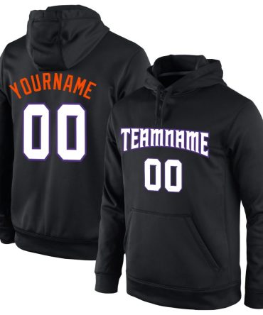 Custom Black White-Orange Sports Pullover Sweatshirt Hoodie, Gift For Football, Baseball, Hockey, Basketball, Softball & Rugby Fans