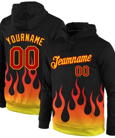 Custom Black Red-Gold 3D Pattern Design Flame Sports Pullover Sweatshirt Hoodie, Gift For Football, Baseball, Hockey, Basketball, Softball & Rugby Fans